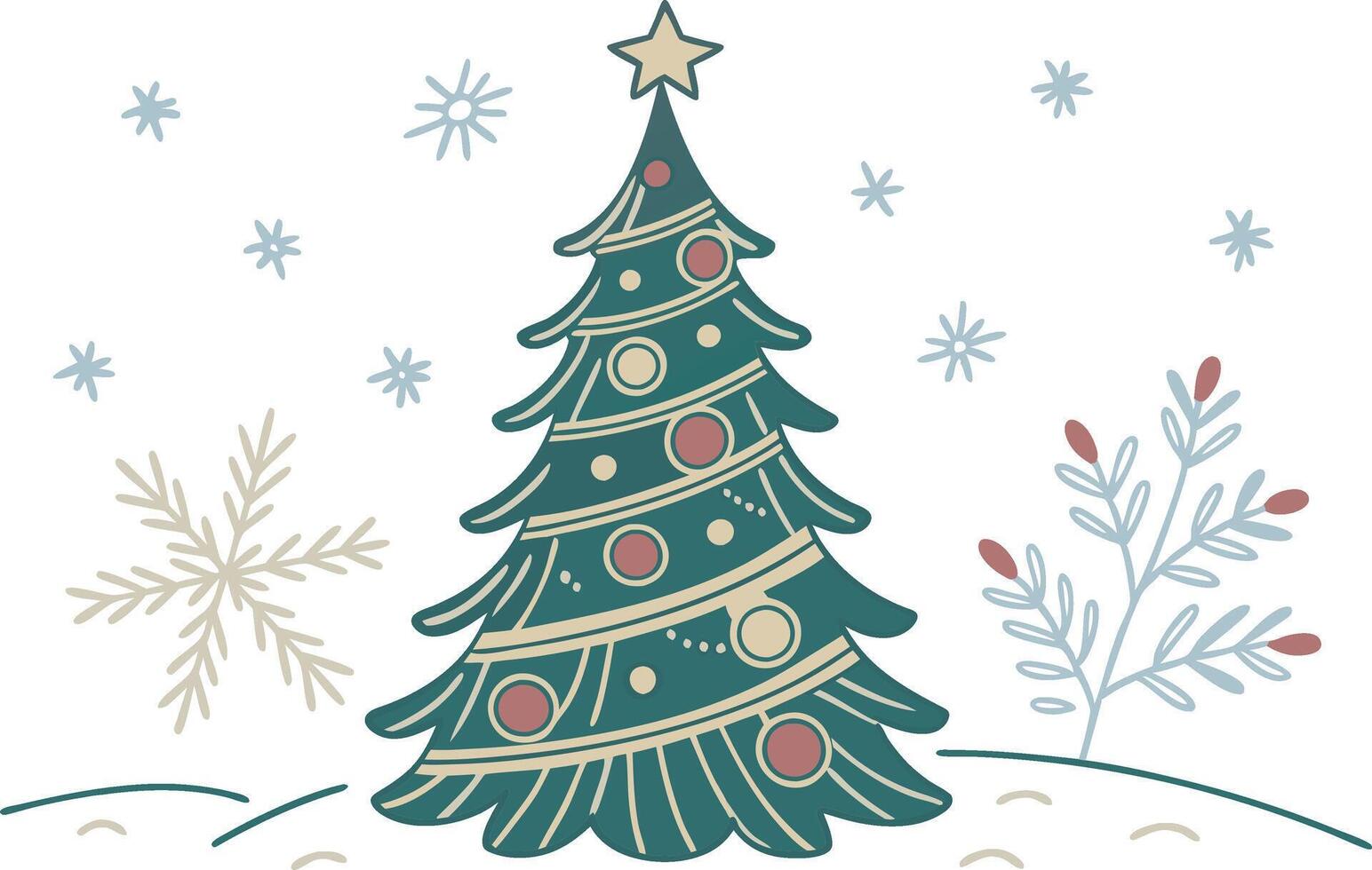 Editable Christmas tree and snowflakes. vector