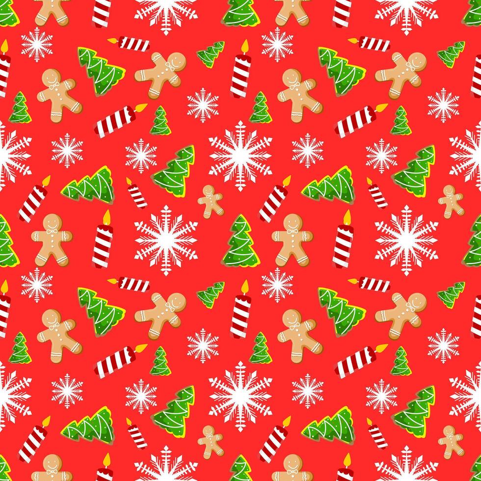 Cute seamless of gingerbread cookie with pine tree and candle light on white snowflake and starburst on red wallpaper and background. Christmas and new year holiday concept vector