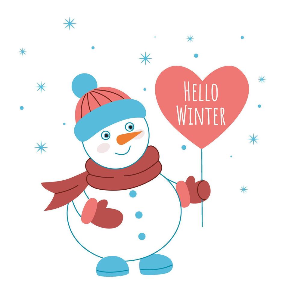 Snowman in scarf, hat and mittens holds heart-shaped sign with the text Hello Winter vector