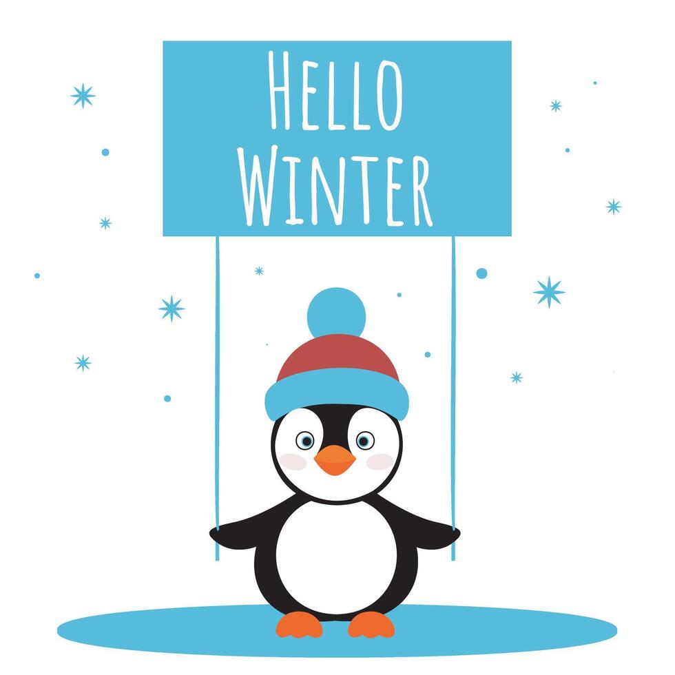 Adorable penguin holding sign with text Hello Winter vector
