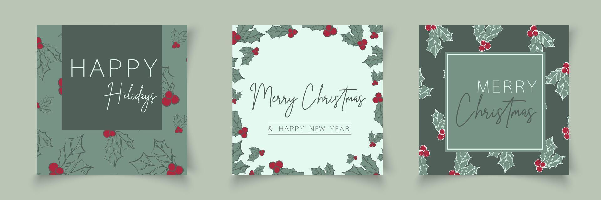 Set of christmas cards templates with branch elements in line art style. Botanical banner xmas frame. Editable for sale, card, social media, banner, poster, flyer, web, slide, presentation . vector
