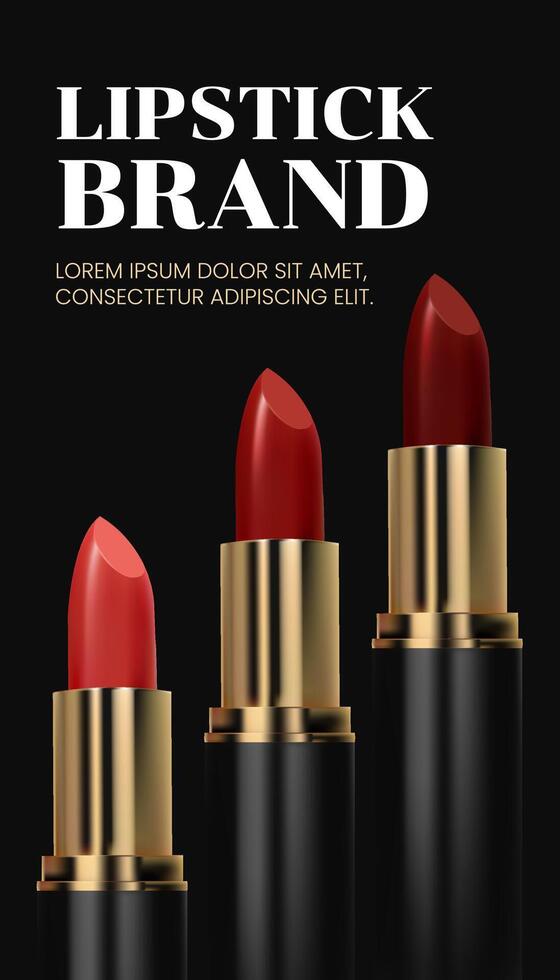 Make up banner. Branding design. A 3D realistic luxury lipstick in a gold and black tube, isolated on an elegant background with red tones, ideal for premium cosmetic ads. Not AI. vector