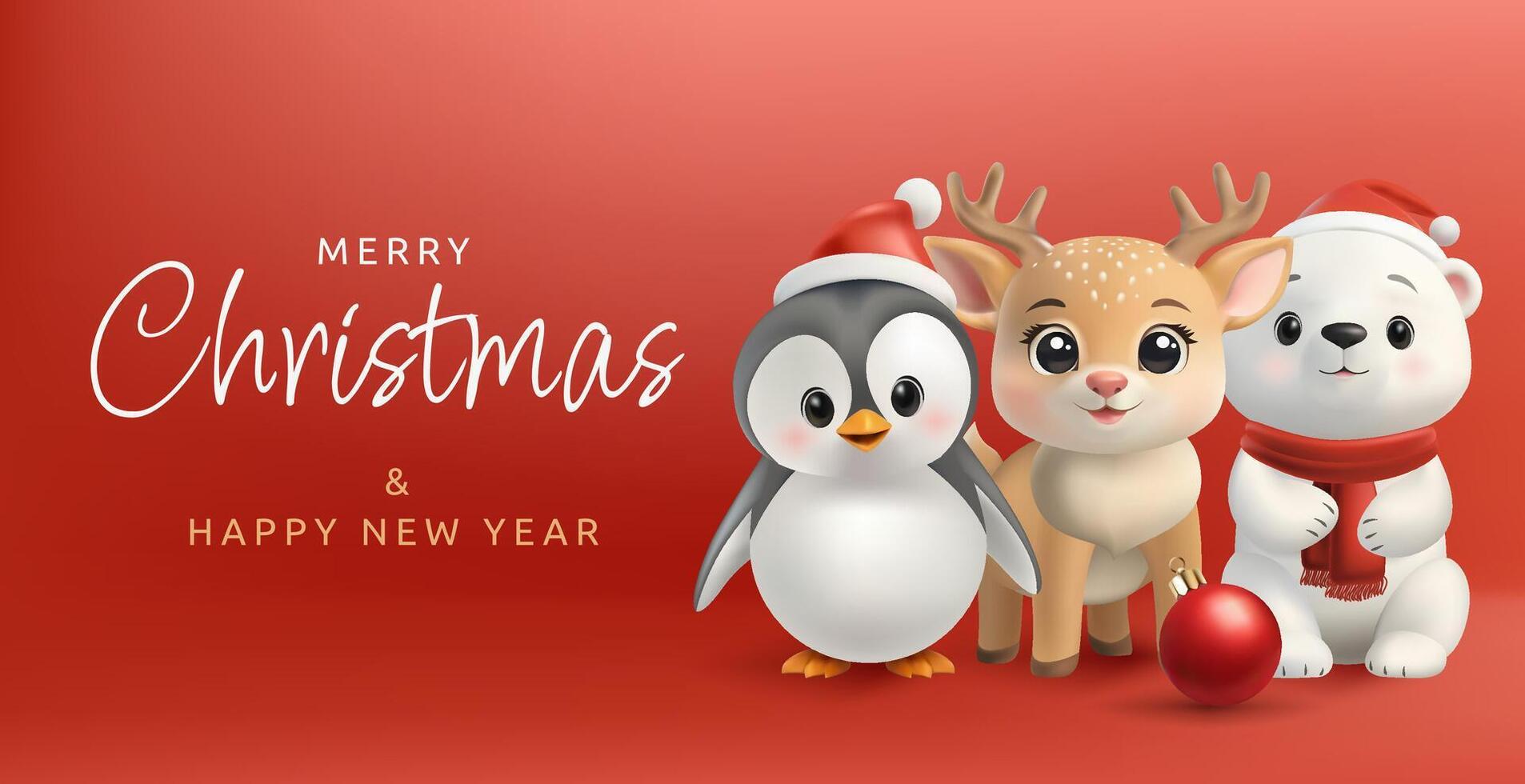 Banner. A 3D cute Christmas animal mascots a penguin, reindeer, polar bear. Festive, red hats, gestures, winter vibes, perfect for greetings and banners. Not AI. vector