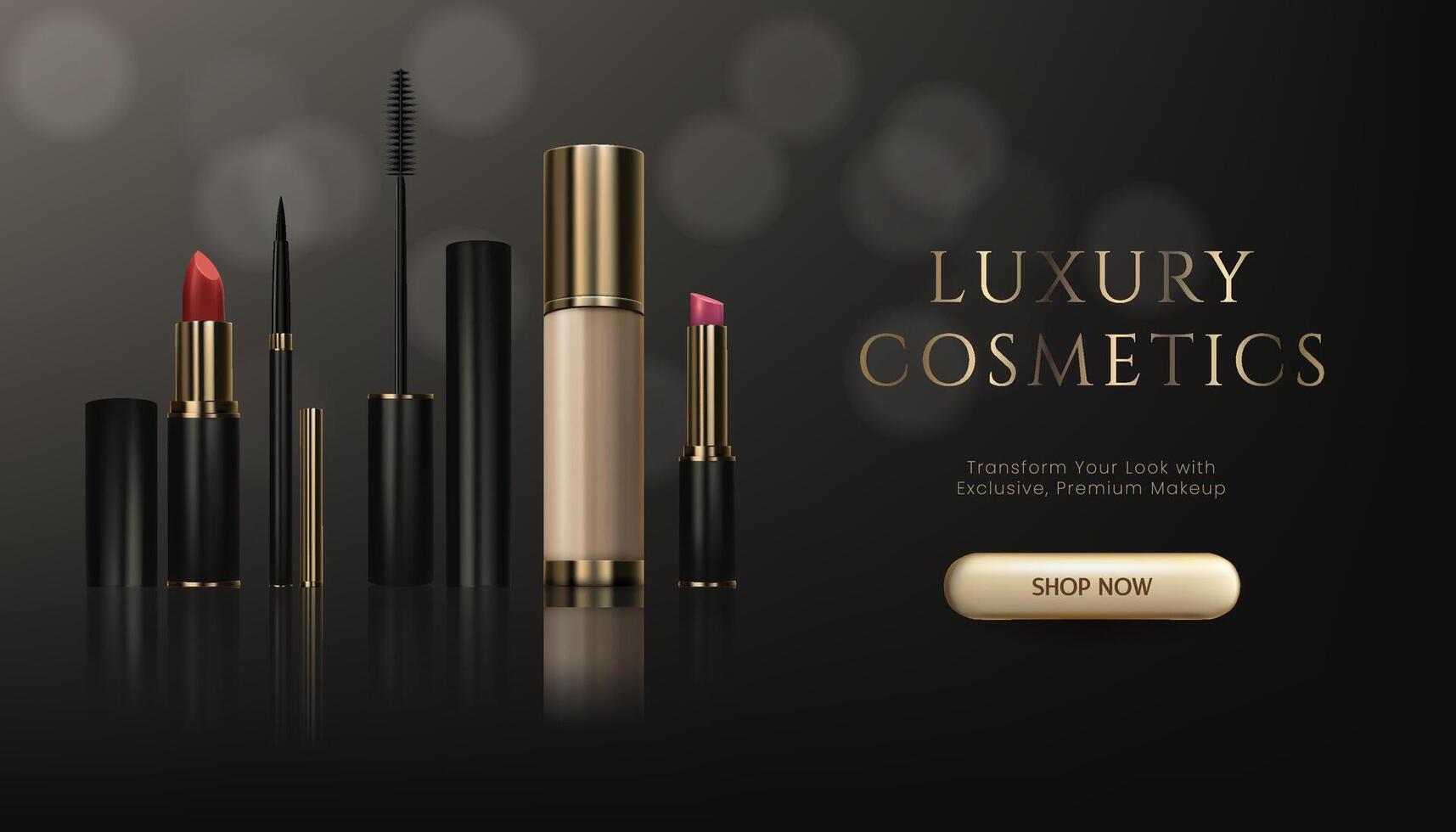 A 3D realistic banner for makeup products like lipstick, mascara brush, eyeliner, foundation cream with reflection, elegant design in black, gold tones. With bokeh. Perfect for cosmetic ads. Not AI. vector