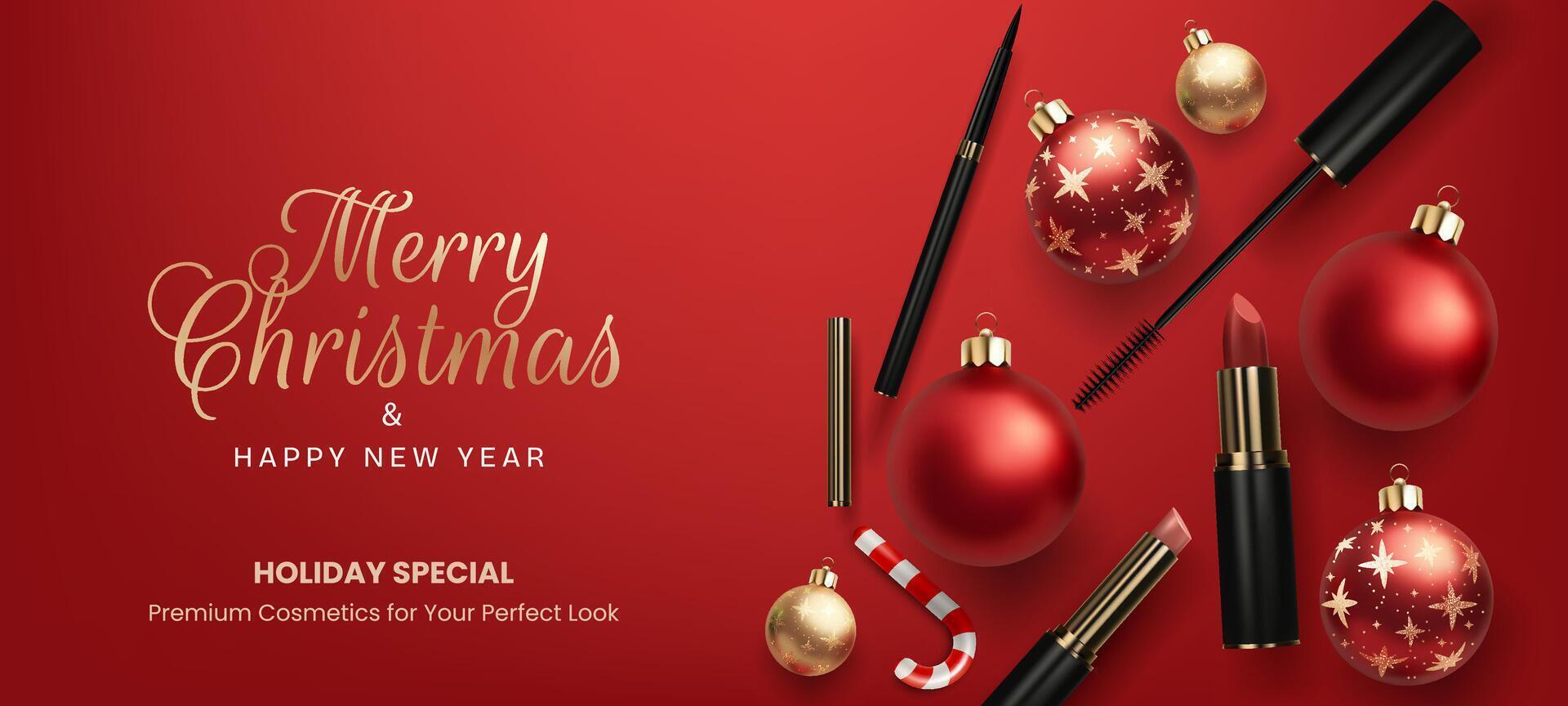 A 3D Christmas make up banner red and gold lipstick, mascara, and shiny balls and baubles, designed for a glamorous holiday advertisement. Gift card Not AI vector