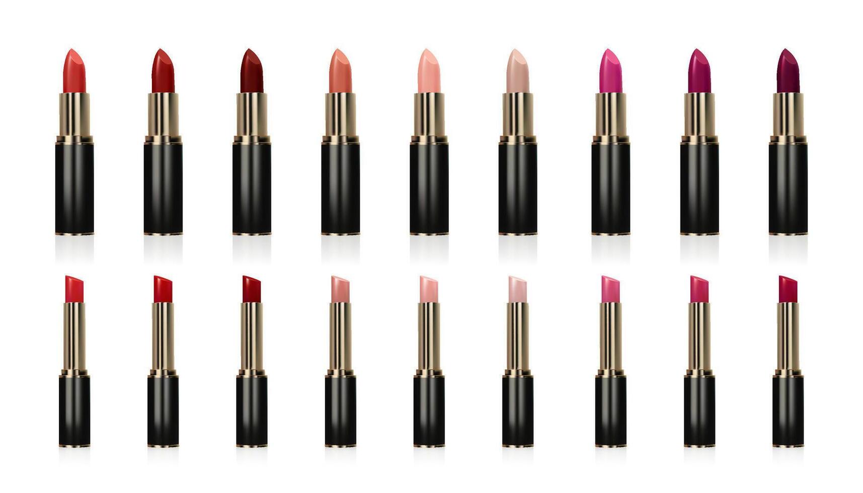 A realistic 3D lipstick set in various glossy colors, elegant red and pink shades. Sleek tubes with a shiny finish, isolated on a white background. Perfect for beauty and fashion designs. Not AI. vector