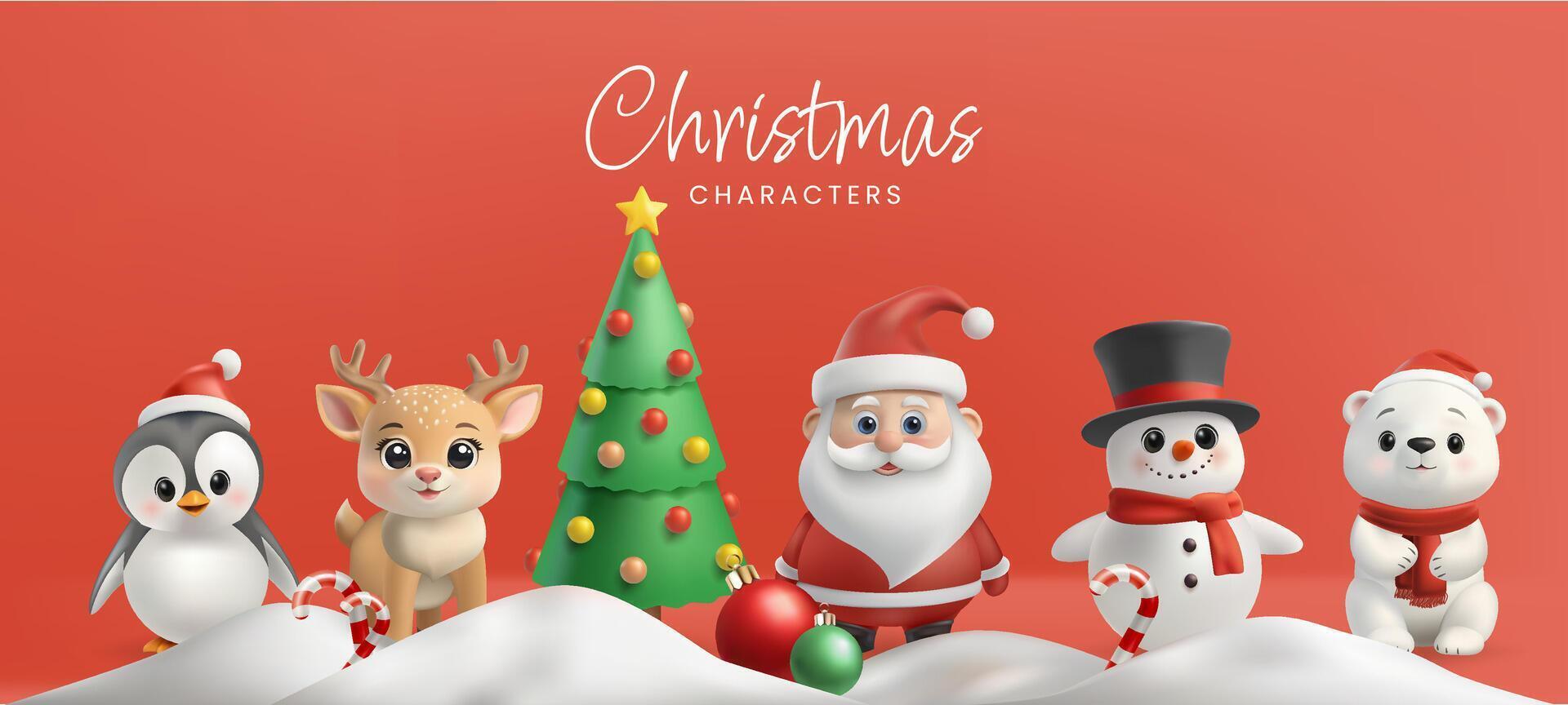 A 3D cute Christmas characters, including Santa Claus, a snowman, reindeer, penguin, and polar bear, all in festive red and white. Christmas tree, snow. Cartoon style, smiling, holiday icons. Not AI. vector