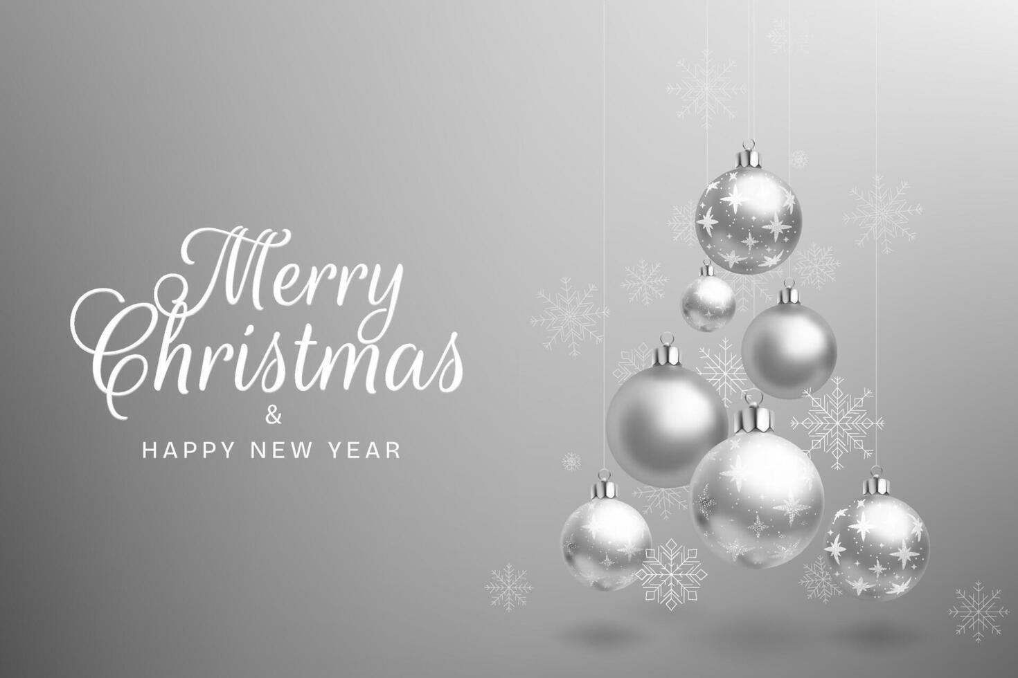 Banner 3D merry Christmas glass balls shaped like a tree, featuring shiny silver baubles. Perfect festive decoration for New Year, winter celebrations, and greeting cards. Not AI. vector