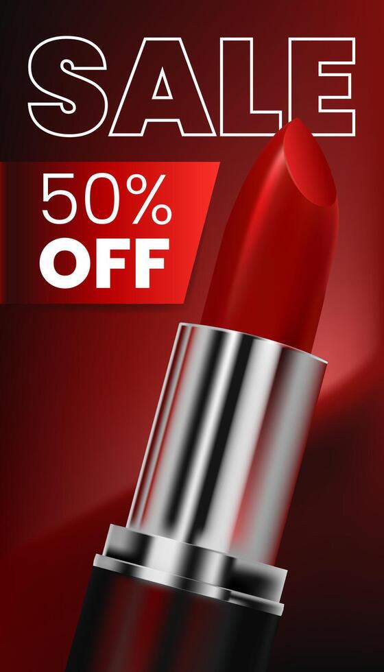 Premium lipstick sale banner template for cosmetics sales or promotions. A 3D realistic red lipstick in elegant, glossy silver and black packaging. For discounts, offers, and branding. Not AI. vector