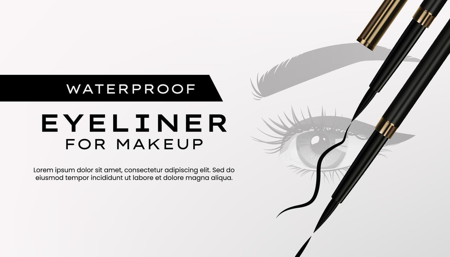 A 3D eyeliner banner showcasing a sleek, black cosmetic pen with liquid liner and a brush applicator, set on a stylish, abstract background. Perfect for luxury beauty and makeup ads. Not AI. vector