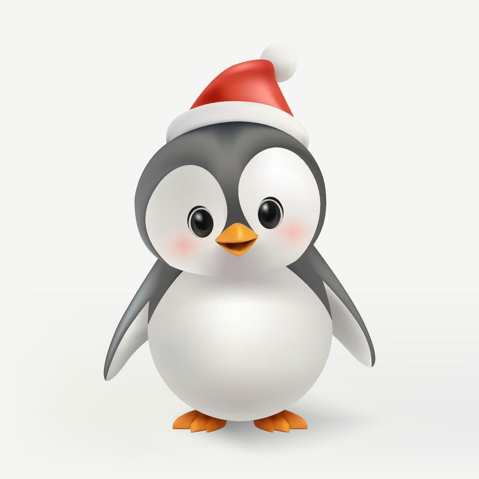 A 3D cute penguin character wearing a red Christmas hat, standing in isolated. This illustration combines winter fun, wildlife charm, and festive holiday vibes. Not AI. vector