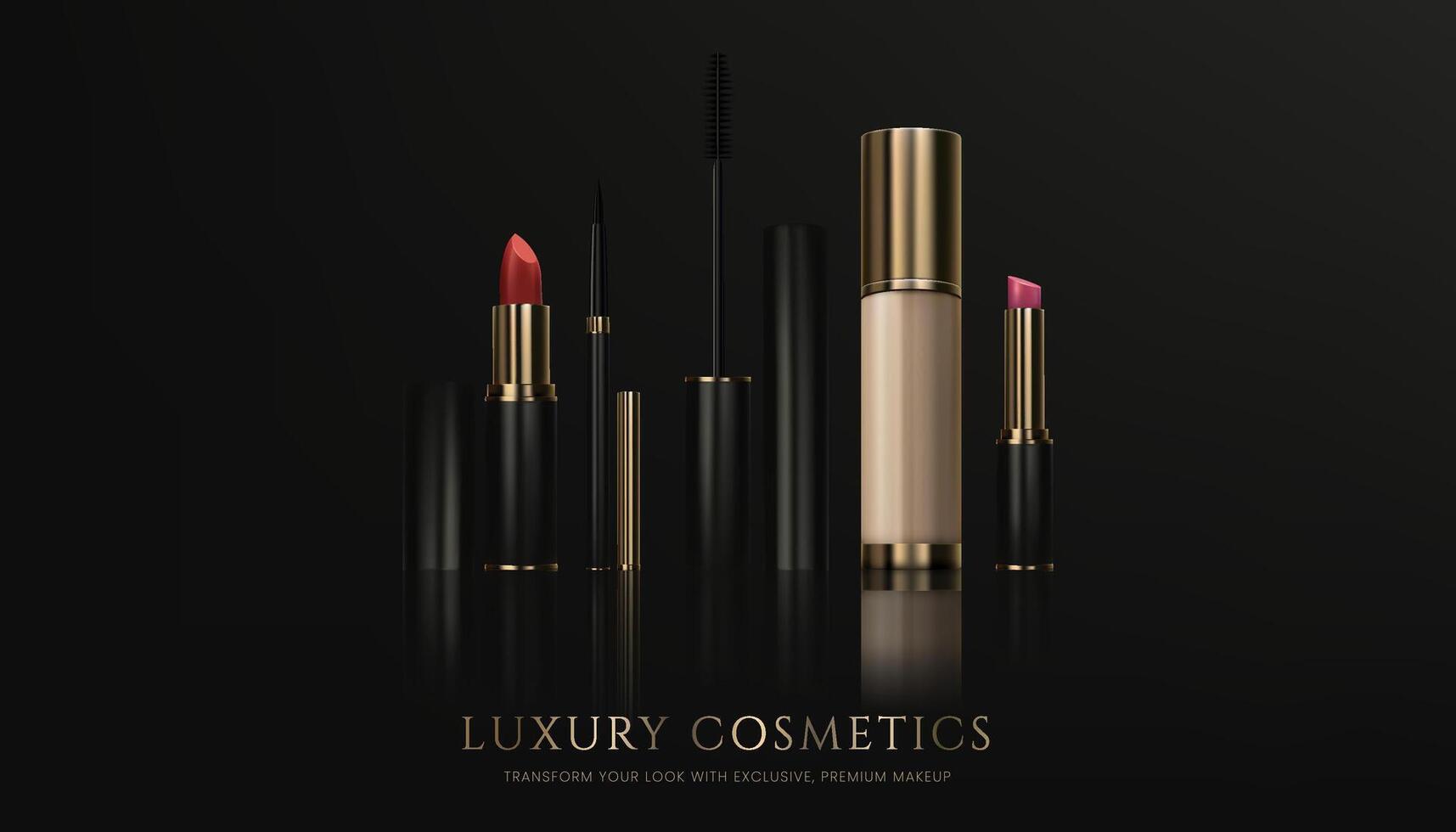 A 3D realistic set of makeup products including lipstick, mascara brush, eyeliner, foundation cream with reflection, elegant design in black, gold tones. Perfect for cosmetic ads. Not AI. vector
