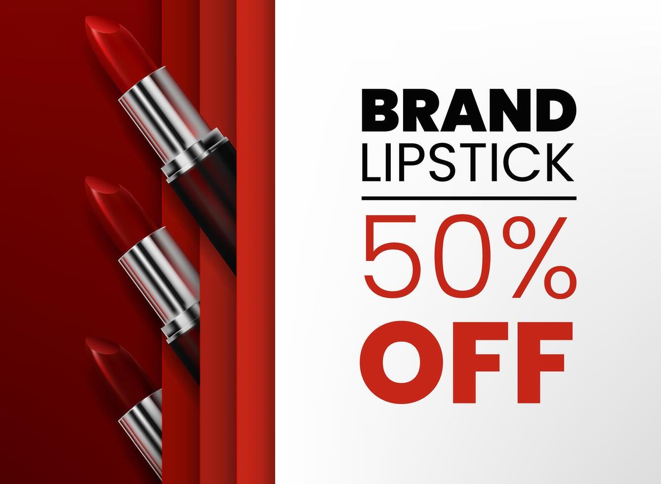 A 3D realistic red lipstick in elegant, glossy silver and black packaging. Premium banner template for cosmetics sales or promotions. For discounts, offers, and branding. Not AI. vector