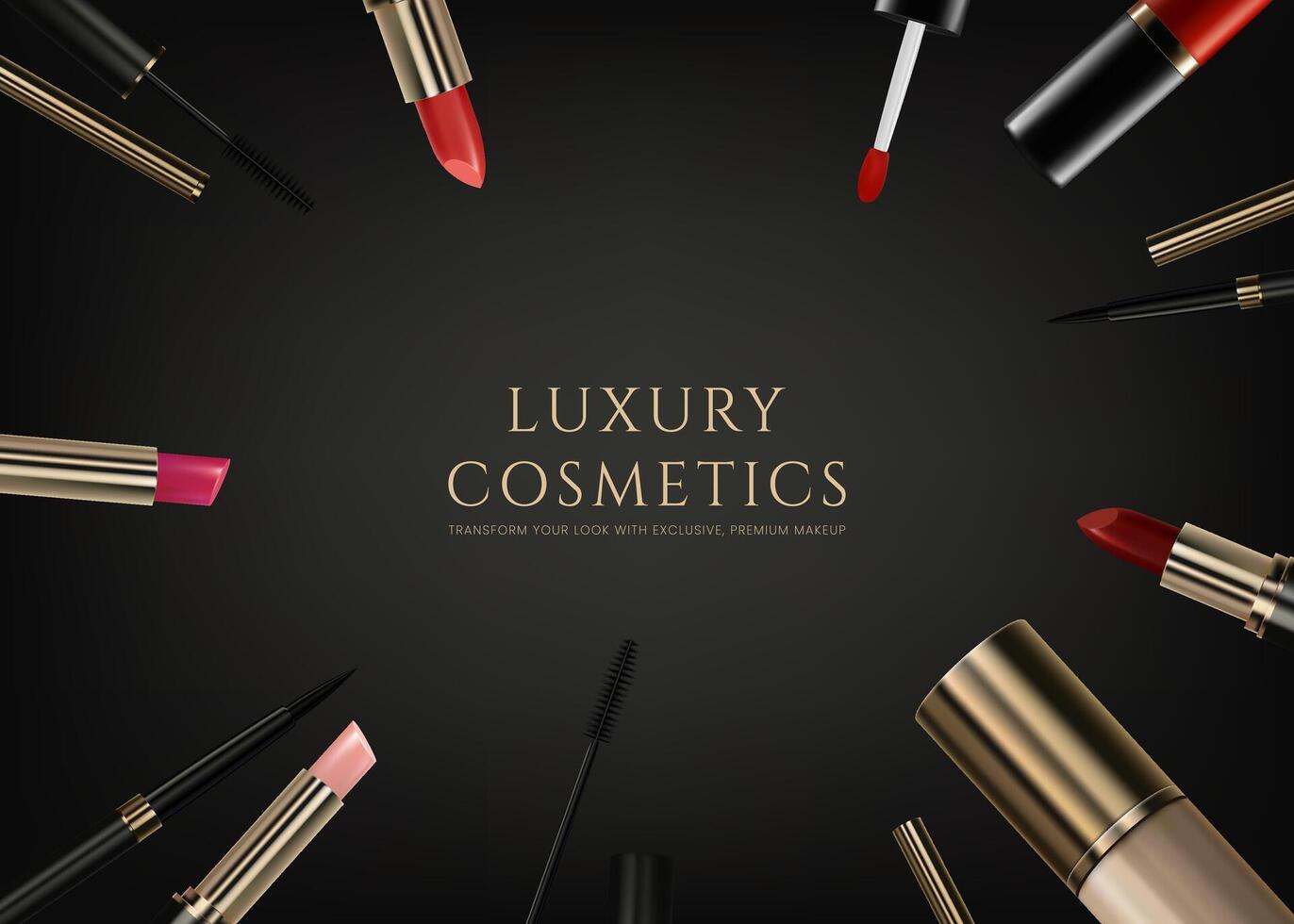 A luxury cosmetics banner featuring realistic lipstick, mascara, eyeliner, foundation cream bottle on a premium black background. Ideal for beauty product promotions, skincare, and elegance. Not AI. vector