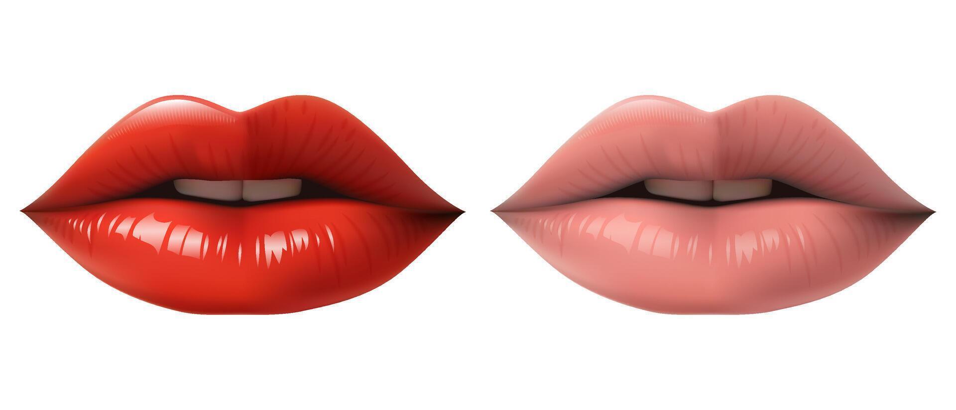 Red glossy lips A 3D realistic and pale lips. Before and after 3D realistic lips. Transformation and beauty achieved through cosmetic procedures. Not AI. vector