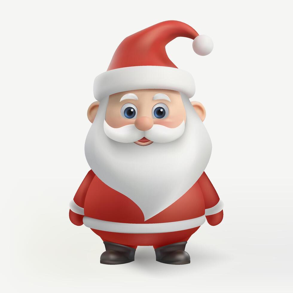 A 3D cute Santa Claus character wearing a red suit and hat, smiling warmly. This cartoon style design captures holiday cheer, featuring friendly expressions and festive gestures. Not AI. vector