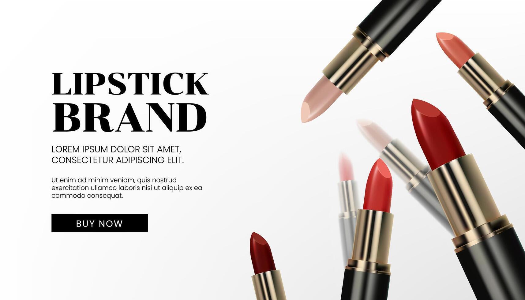 A realistic 3D lipstick banner with flying various glossy colors, elegant red and pink shades. Sleek tubes with gold, on a white background. Perfect for beauty and fashion designs. Not AI. vector