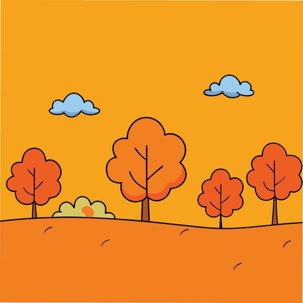 Cartoonstyle autumn scene. Orange trees on a gently sloping hill under a light orange sky with fluffy clouds. Simple, charming fall illustration. vector