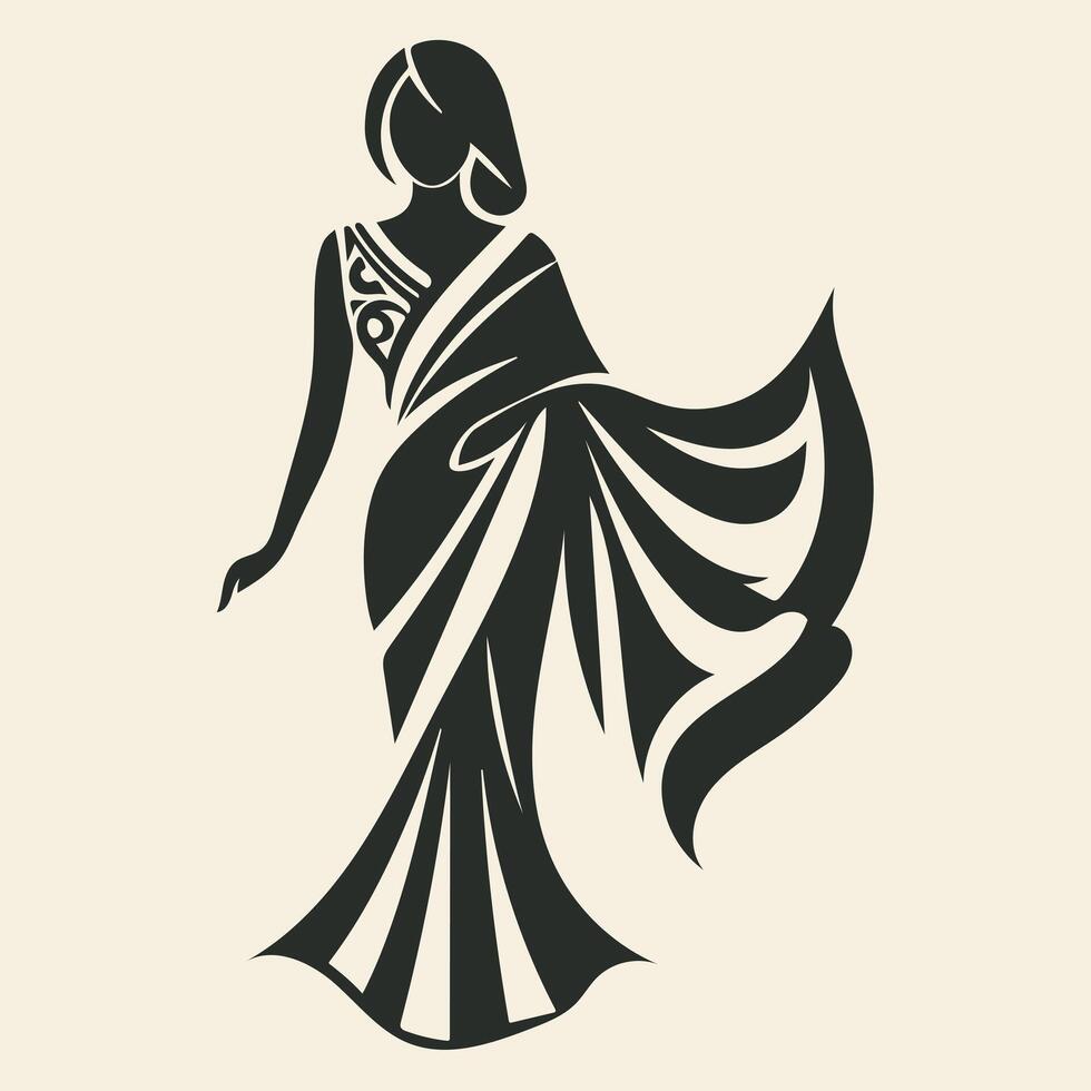 Elegant Modern Saree Silhouette Logo Design in Golden Gradient for Fashion Branding vector