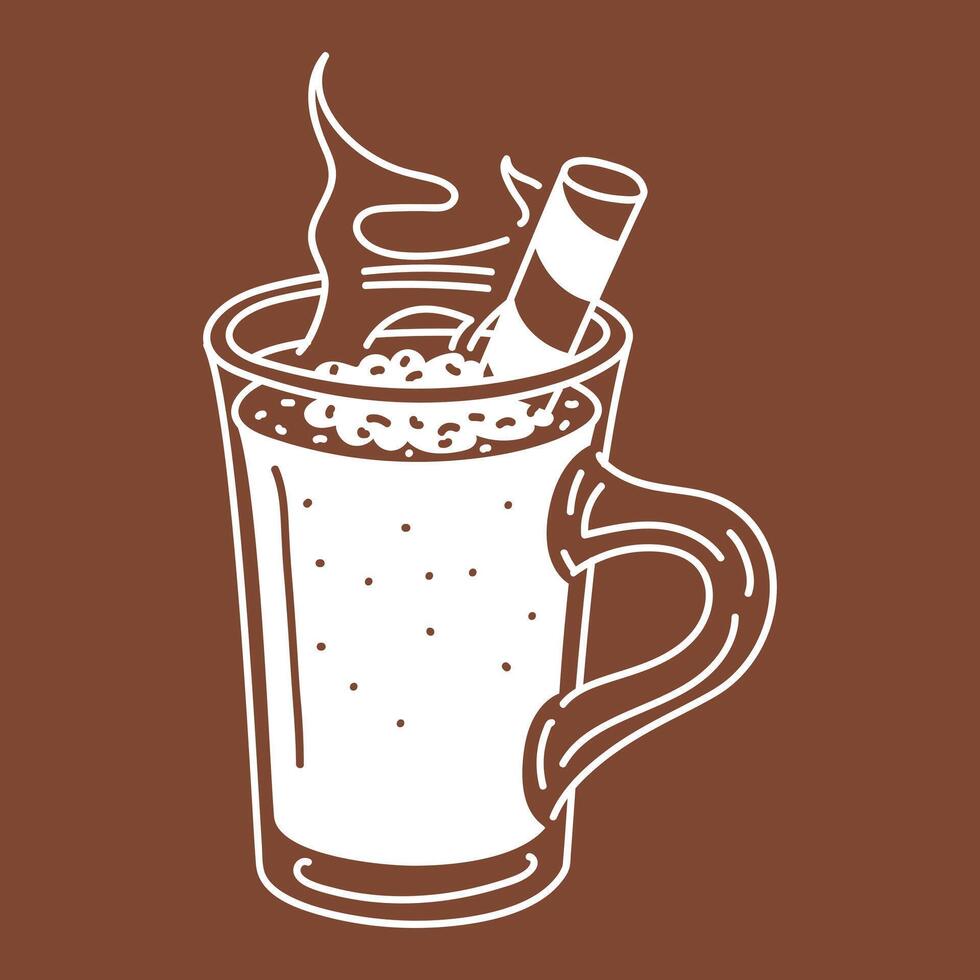 mug with Egg-nog chocolate Christmas drink, a chocolate tube, cocoa, a steamer on brown. Christmas warming drink in the form of a biscuit. Silhouette white sweet non-alcoholic cocktail for celebrating vector