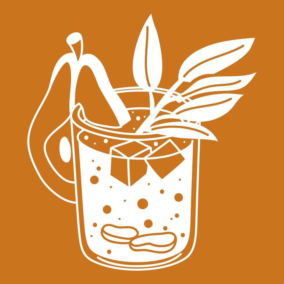 A glass of orange-pear cocktail with ginger and ice cubes on orange. The silhouette of a winter soft drink with flat pieces of fruit. A glass glass with a refreshing drink. A separate illustration vector