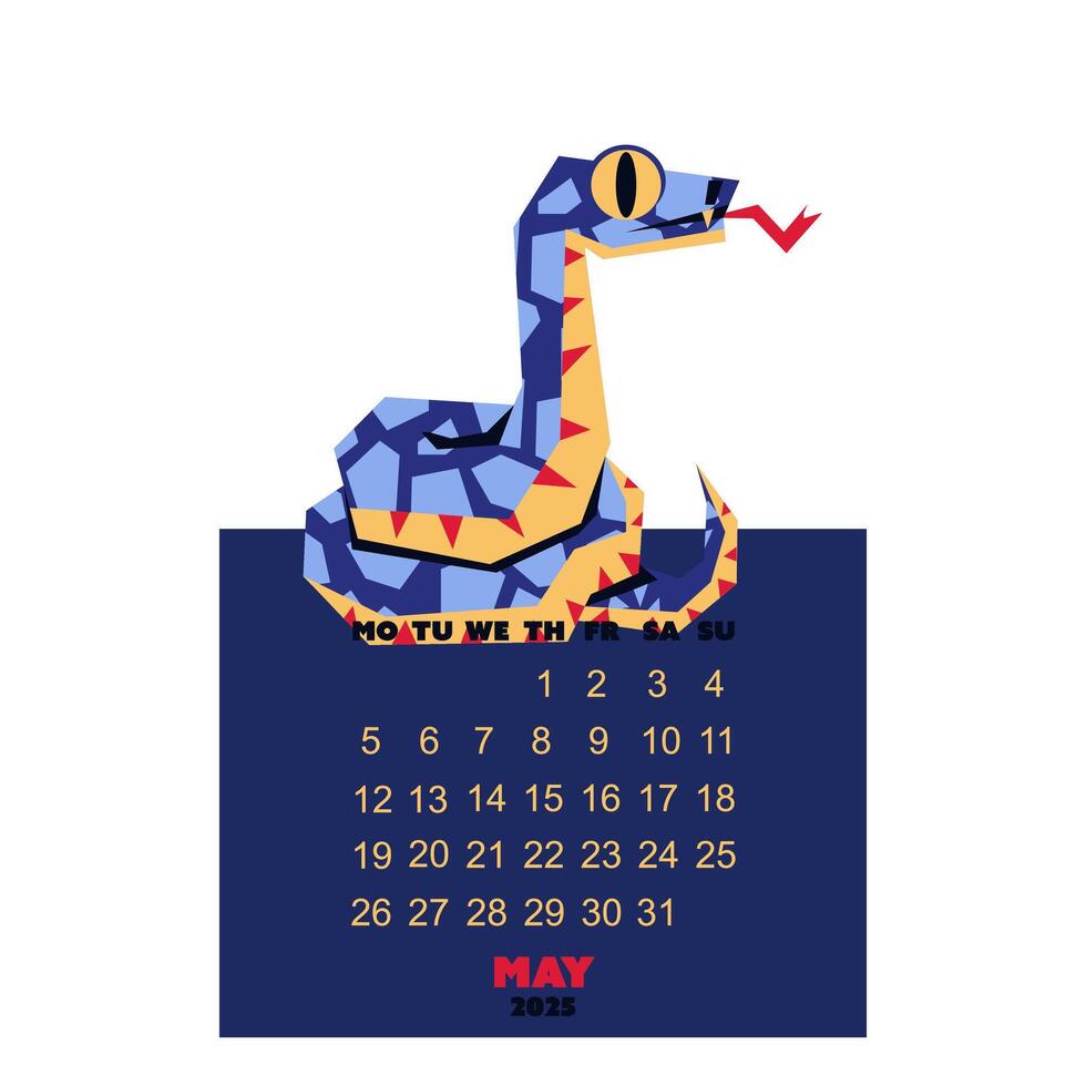 May calendar for 2025 with a snake in the colors of Future Dusk. New Year of the snake. Lunar New Year or Chinese New Year. blue curved snake on a dark. a character about the animals of the zodiac vector