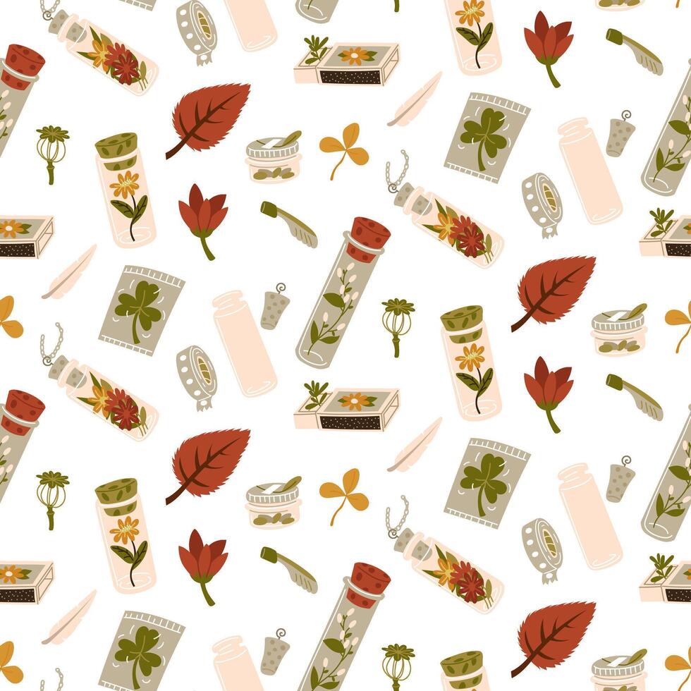 The pattern is different containers with branches, twigs, seeds inside. Home floristry for memory. A small jar, a box for storing memorabilia. Herbarium packaging, dried flowers. illustration vector