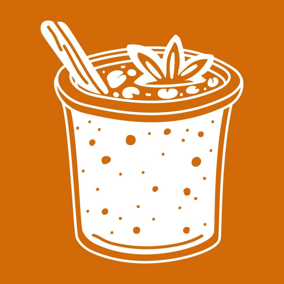 A glass with pumpkin cocktail with spices - cinnamon and star anise on orange. The white silhouette is an autumn drink. A thick, bright, warm drink with vitamins. Contrasting illustration vector