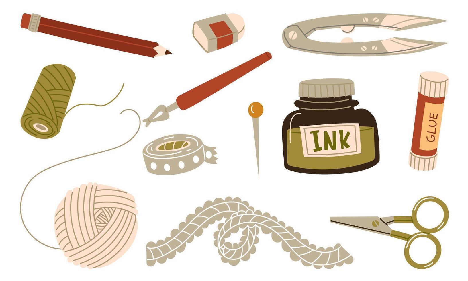 set of scrapbooking accessories. Tools, materials and equipment for handwork, needlework and creative hobbies. Pencil, tape, ink, scissors. collection of flat illustrations isolated on a white vector