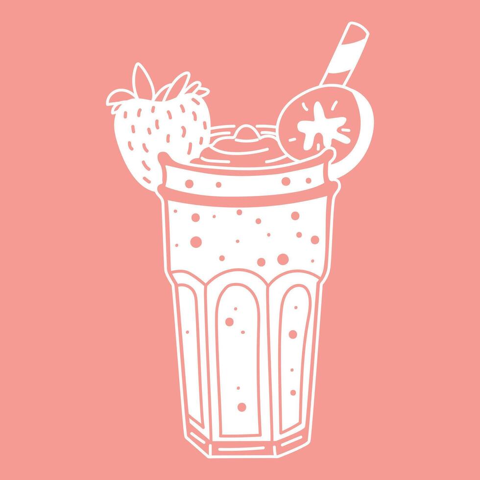 glass of strawberry-banana smoothie with straw on pink. White silhouette of summer soft drink with pieces of fruits and berries in flat shape. glass glass with refreshing drink. separate illustration vector