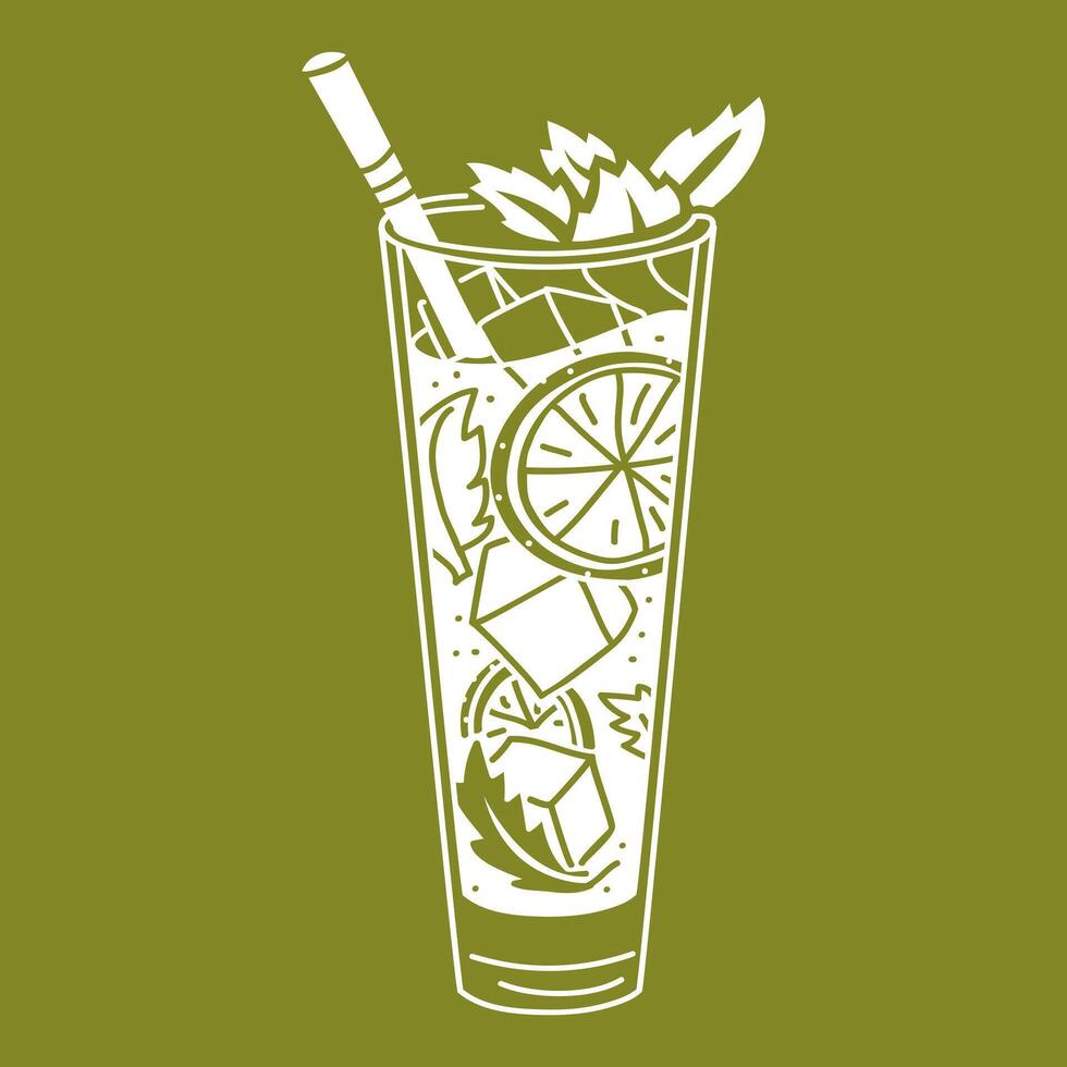 A glass of cold mojito with lime, mint and a straw on the green. Silhouette of a spring soft drink with pieces of fruit. A glass glass with a refreshing drink. A separate illustration vector