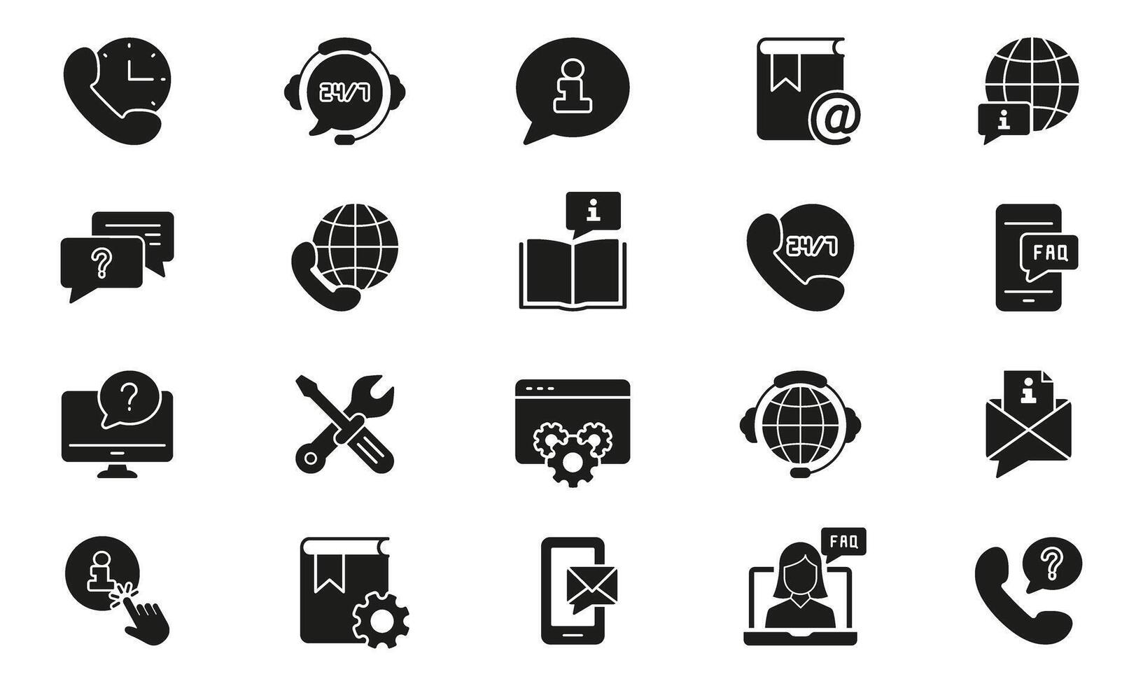 Customer Support Services Silhouette Icon Set. Global Communication and FAQ Tools Glyph Symbol. 24 7 Assistance Sign. Isolated Illustration vector