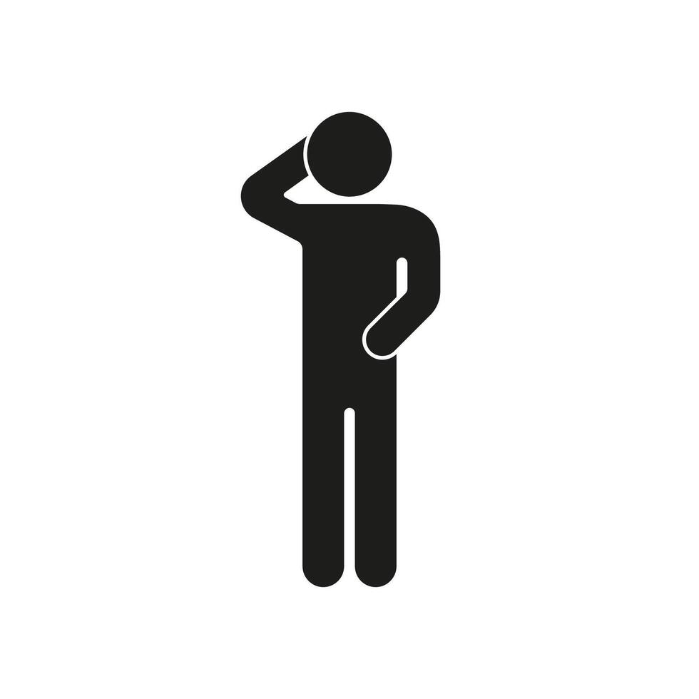 Human Figure in Thinking Pose Silhouette Icon. Contemplative Gesture Glyph Symbol. Thoughtful Stick Figure with Hand on Head. Isolated Illustration vector
