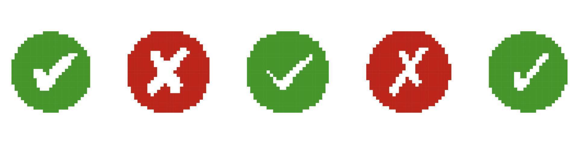 Pixelated Green Check Marks and Red X Symbols in Circles for Retro UI Design. Success and Error Sign Collection. Approval and Rejection Symbols. Isolated Illustration vector