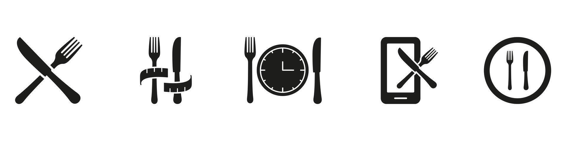 Diet and Meal Management Silhouette Icon Set, Featuring Cutlery, Time, and Mobile Tracking Symbols. Meal Timing Glyph Sign. Isolated Illustration vector