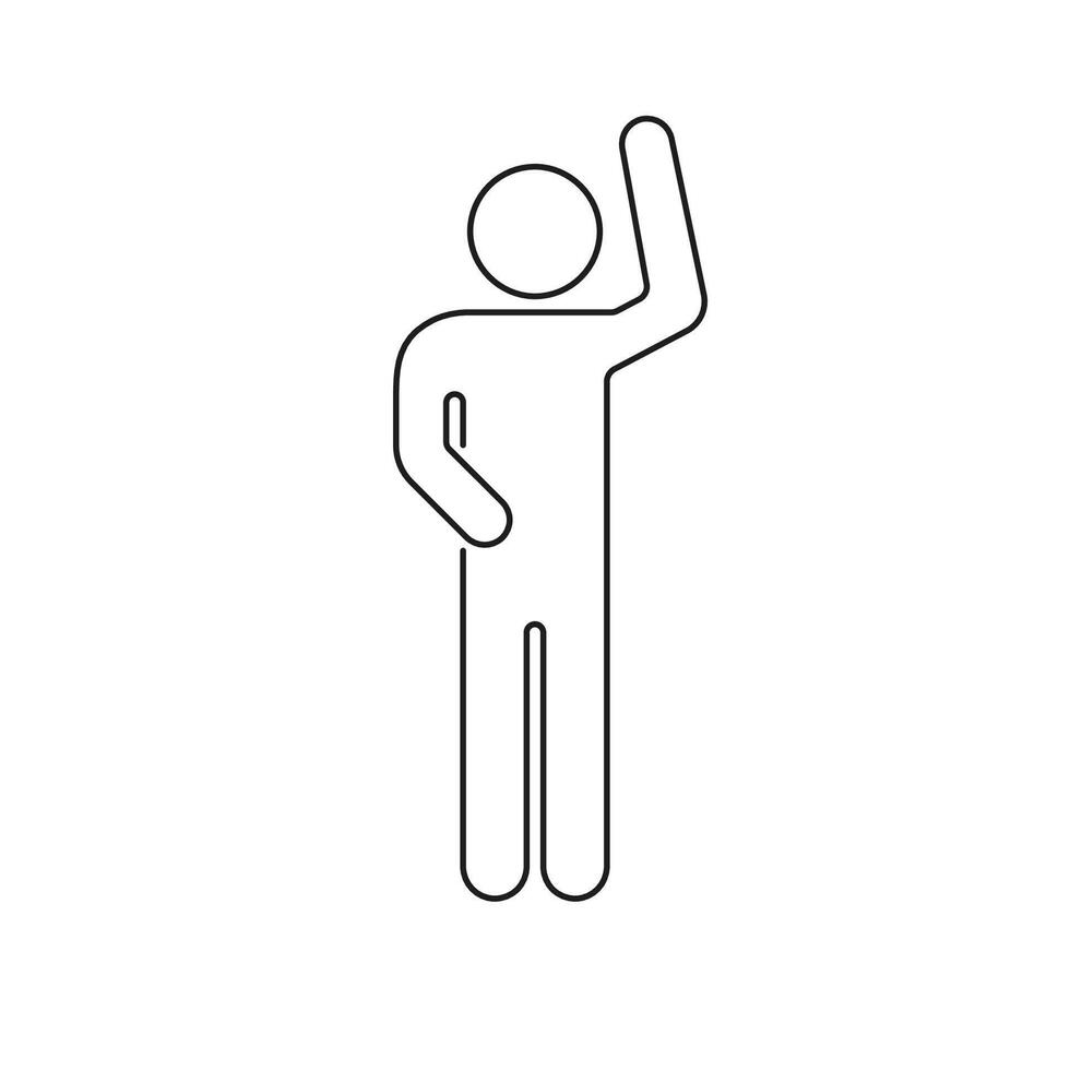 Human Figure Waving Hand Line Icon. Stick Figure with Greeting Gesture Outline Symbol. Person in Waving Pose. Editable Stroke. Isolated Illustration vector
