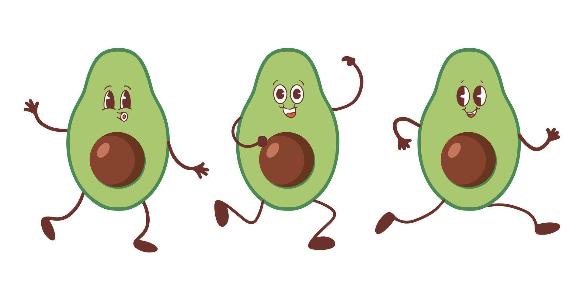 A set of avocados in the style of kawaii. Avocado fruits in a flat design. vector
