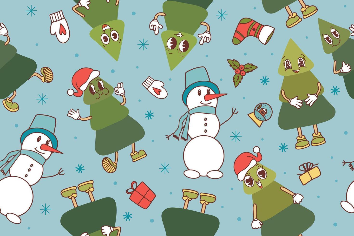 Seamless pattern of Christmas trees and snowmen. Cute funny holiday trees. Blue background with snowflakes. . illustration vector