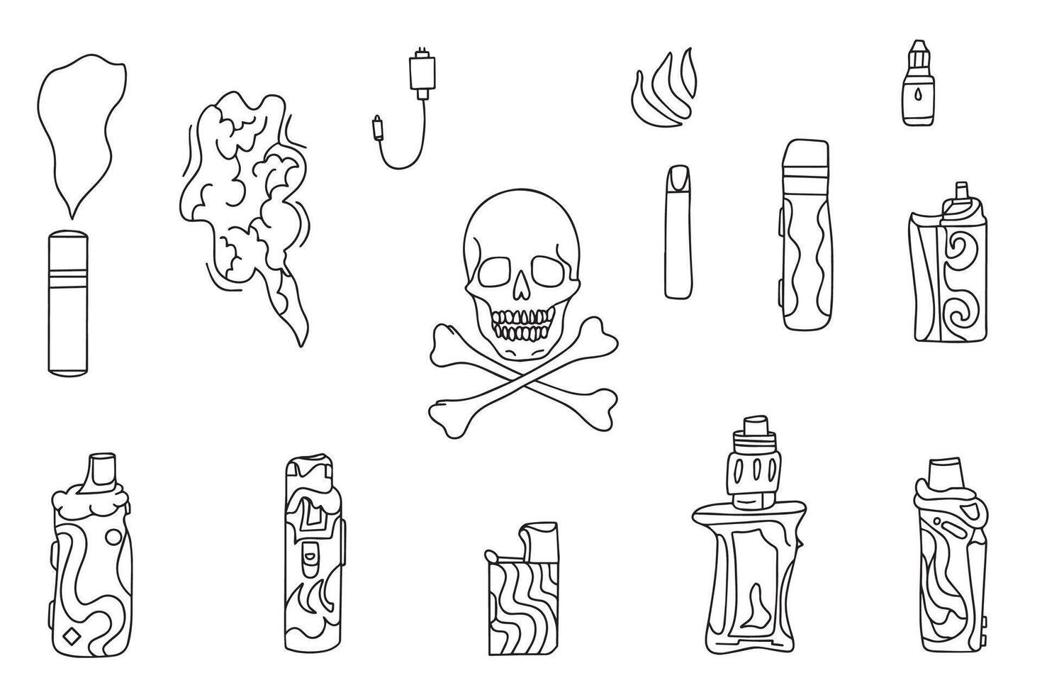 Set of Vape Electronic Cigarettes Illustrations. Vape Electronic Cigarettes Doodle Style Design Collection Isolated on White Background. vector