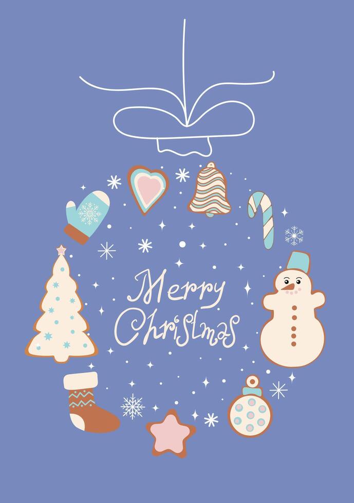 Postcard with gingerbread cookies and the inscription Merry Christmas. graphics. vector