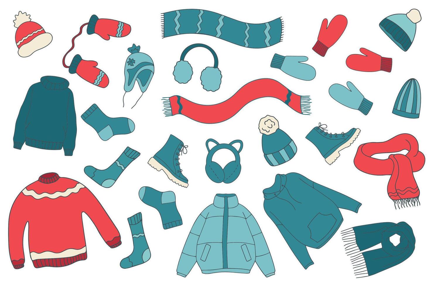 Winter clothes set in doodle style. Line icons of warm clothes. illustration vector