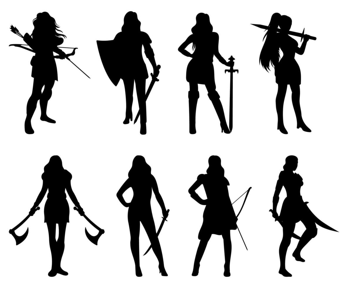 Woman warrior silhouette illustration set vector