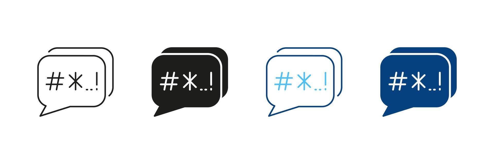 Swear And Argue Line and Silhouette Icon Set. Customer Complain. Cyberbullying Symbol. Speech Bubble With Censored Bad Words Pictogram. Editable Stroke. Isolated Illustration vector