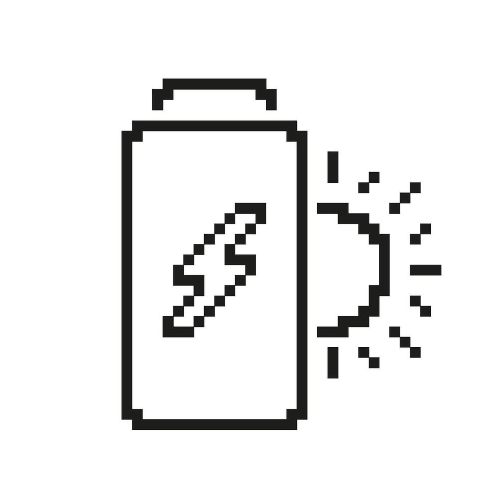Pixel Art Battery And Sun Icon. Pixelated Battery With Lightning Bolt And Sun, Symbol Of Solar Energy. Renewable Solar Power. Isolated Illustration vector