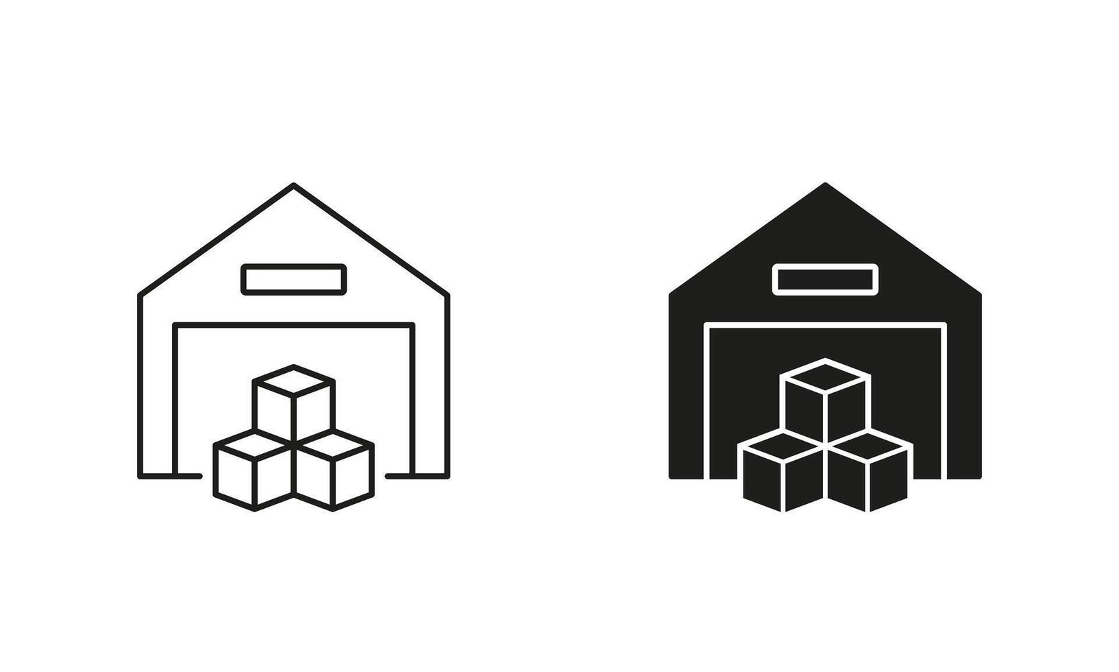 Storage Building Line and Silhouette Icon Set. Cargo Boxes in Commercial Store House Sign. Warehouse Pictogram. Editable Stroke. Isolated Illustration vector