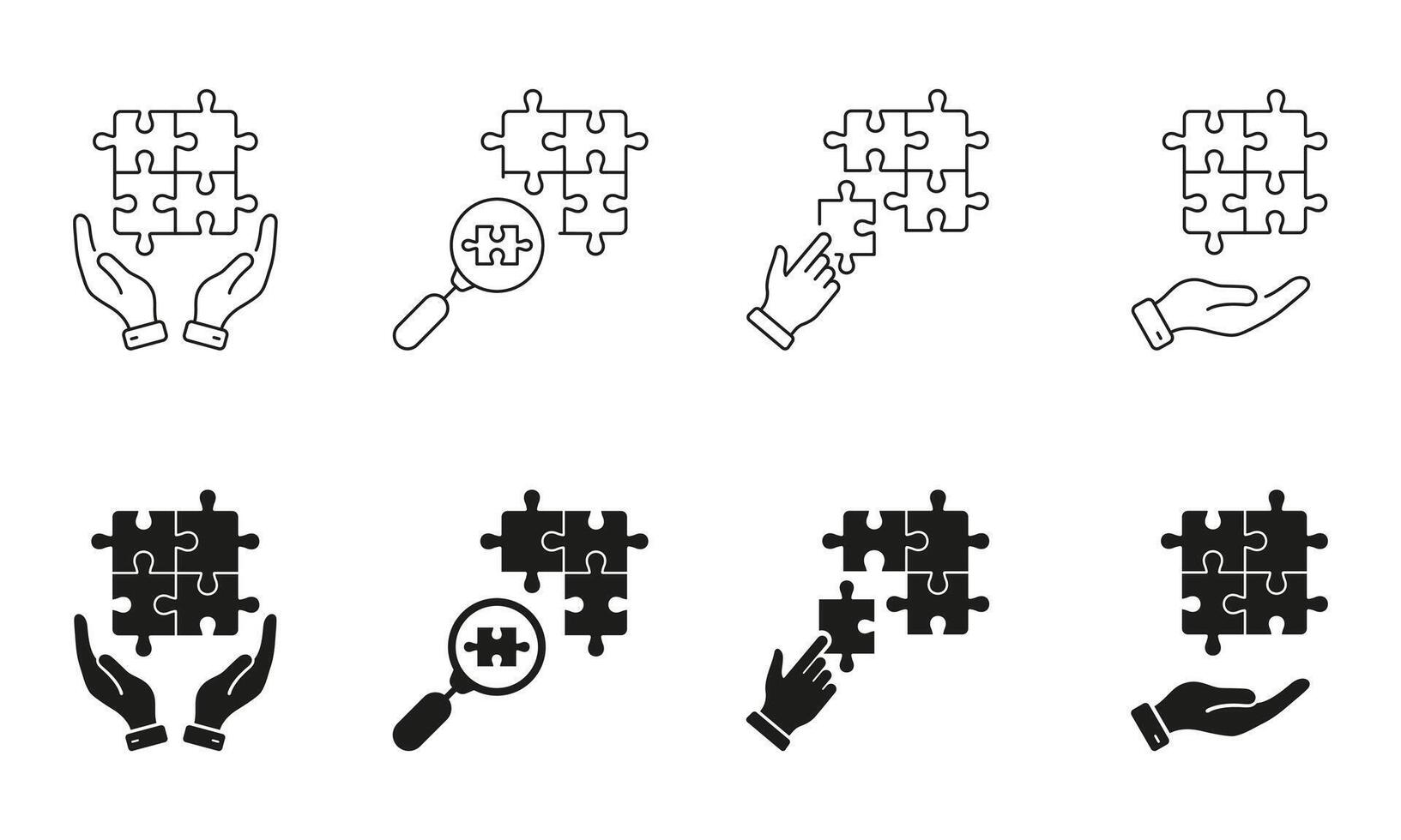 Strategy Solution Line and Silhouette Icon Set. Success Teamwork. Jigsaw Piece Pictogram. Brainstorming Concept. Editable Stroke. Isolated Illustration vector