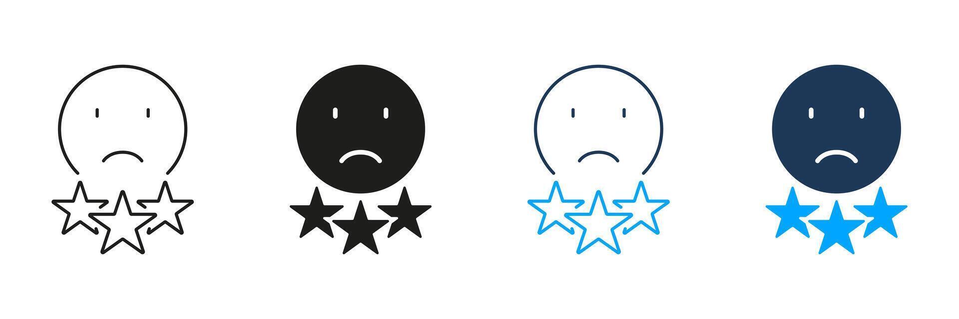 Negative Review Line and Silhouette Icon Set. Sad Emoticon, Bad Feedback Pictogram. Disagree Sign. Dislike Emoji Symbol In Experience Survey Service. Editable Stroke. Isolated Illustration vector