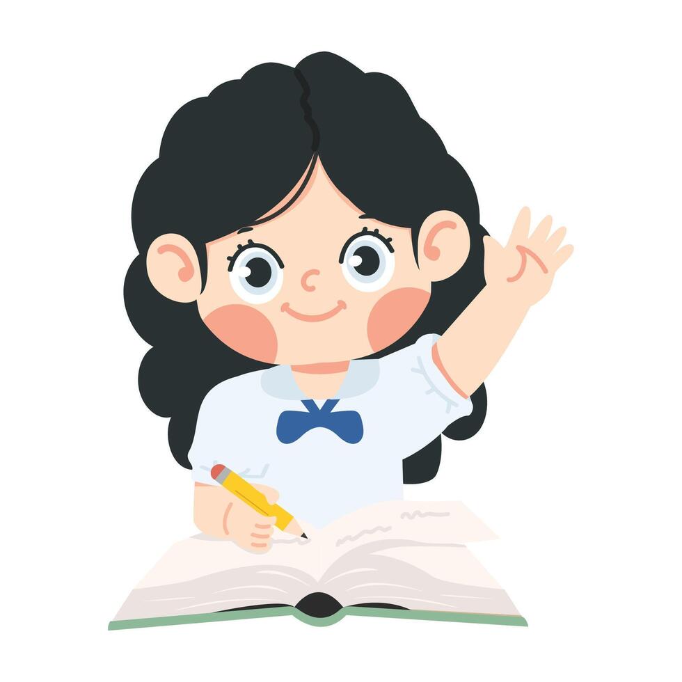 Kid girl raise hand to answer the question vector