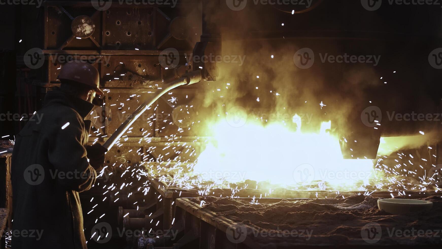 Molten Metal Processing in a Dynamic Industrial Foundry Scene with Skilled Workers and Tools. Stock Clip photo