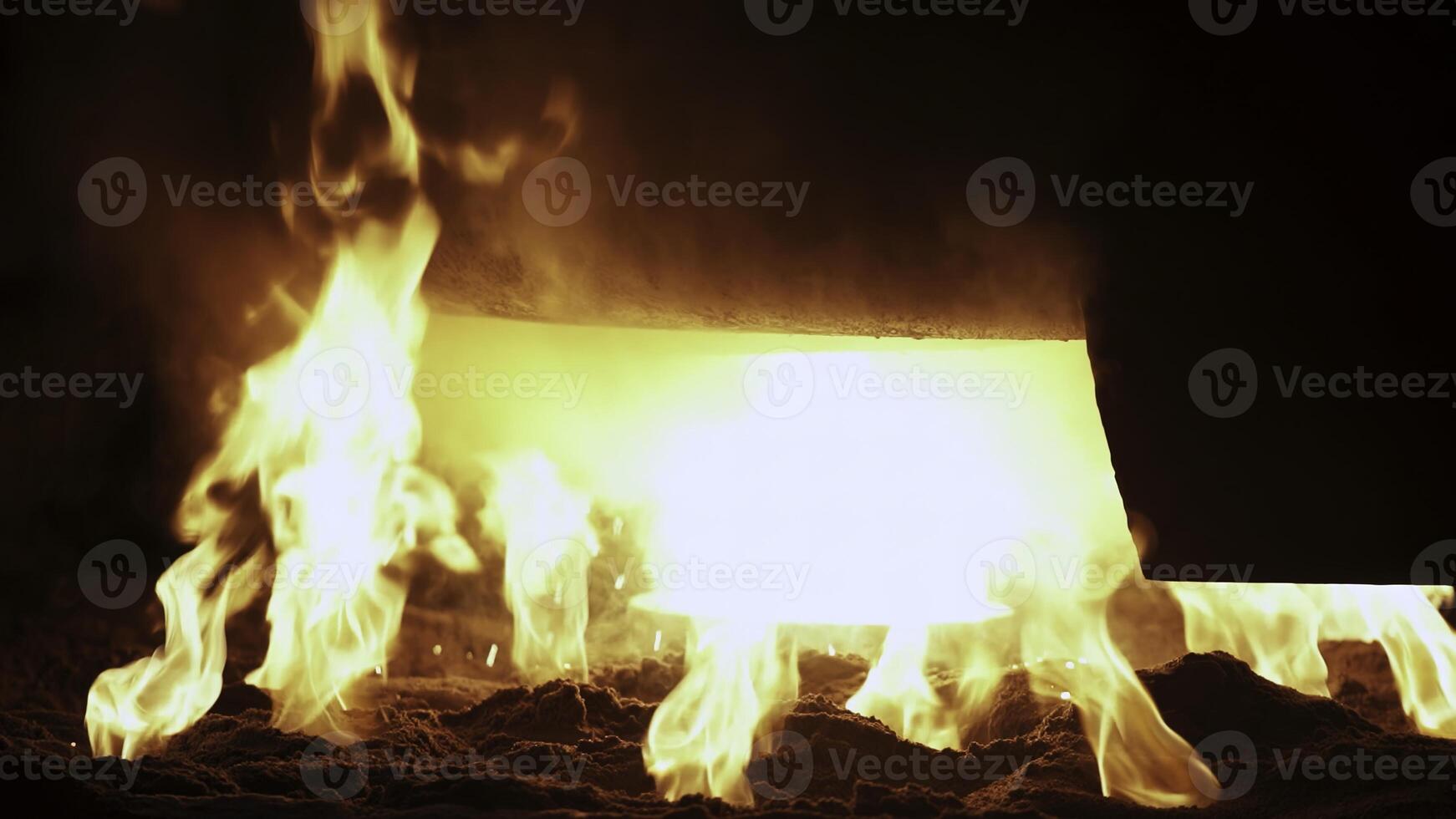 A Fiery Blaze Emanates from the Molten Metal Pouring in a Fiery Workshop Setting. Stock Clip photo
